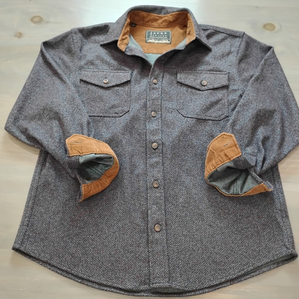 Jachs New York Shirt Jacket Men's Large Gray Multi Herringbone Pockets Cord Trim